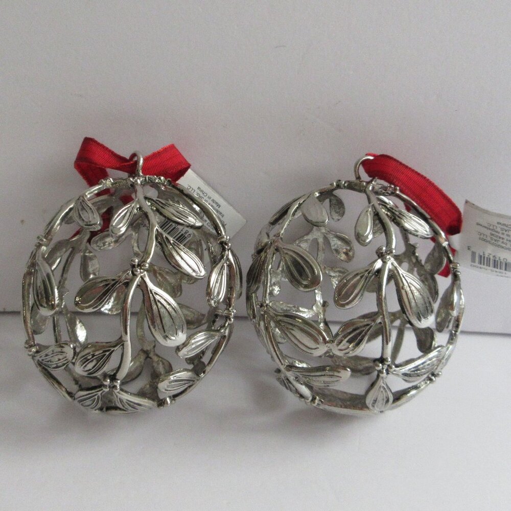 2 Metal Mistletoe Christmas Ornament Open Lattice Ball by Place & Time NWT